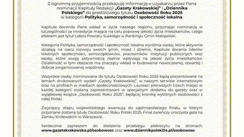 Burmistrz Jordanowa ponownie nominowany