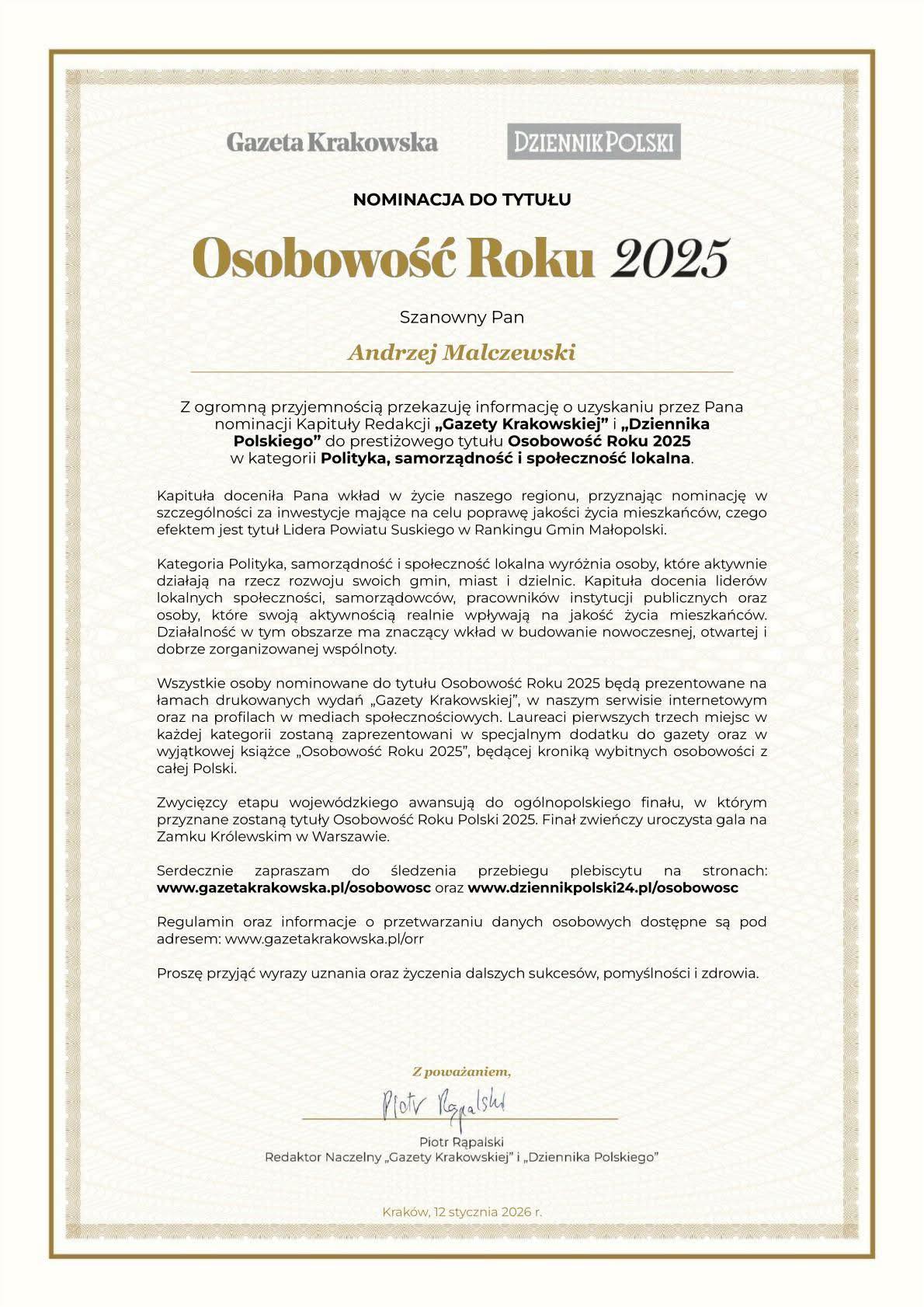 Burmistrz Jordanowa ponownie nominowany